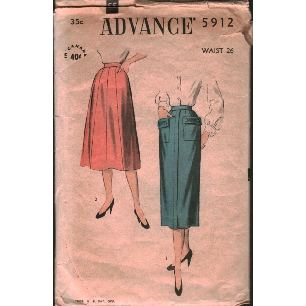 Vintage Advance 5912 Sewing Pattern Skirt Pockets Gored Waist 26 Mid Century
